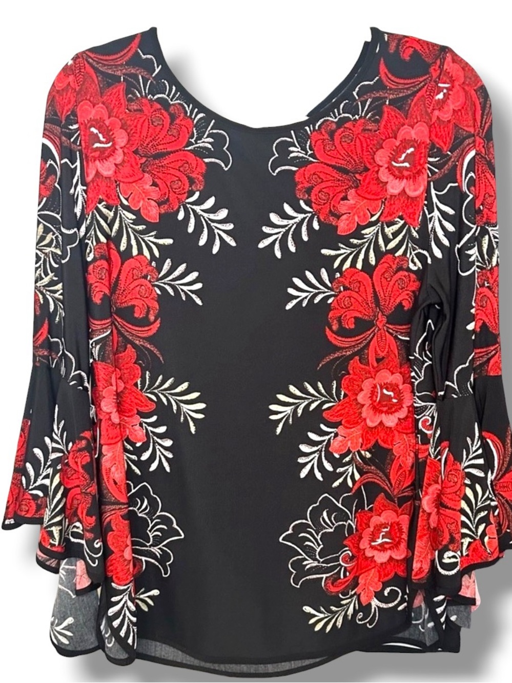 Coco Bianco Bell-Sleeve Pullover Tunic Top SZ L WOMEN Exotic Floral Bold Print